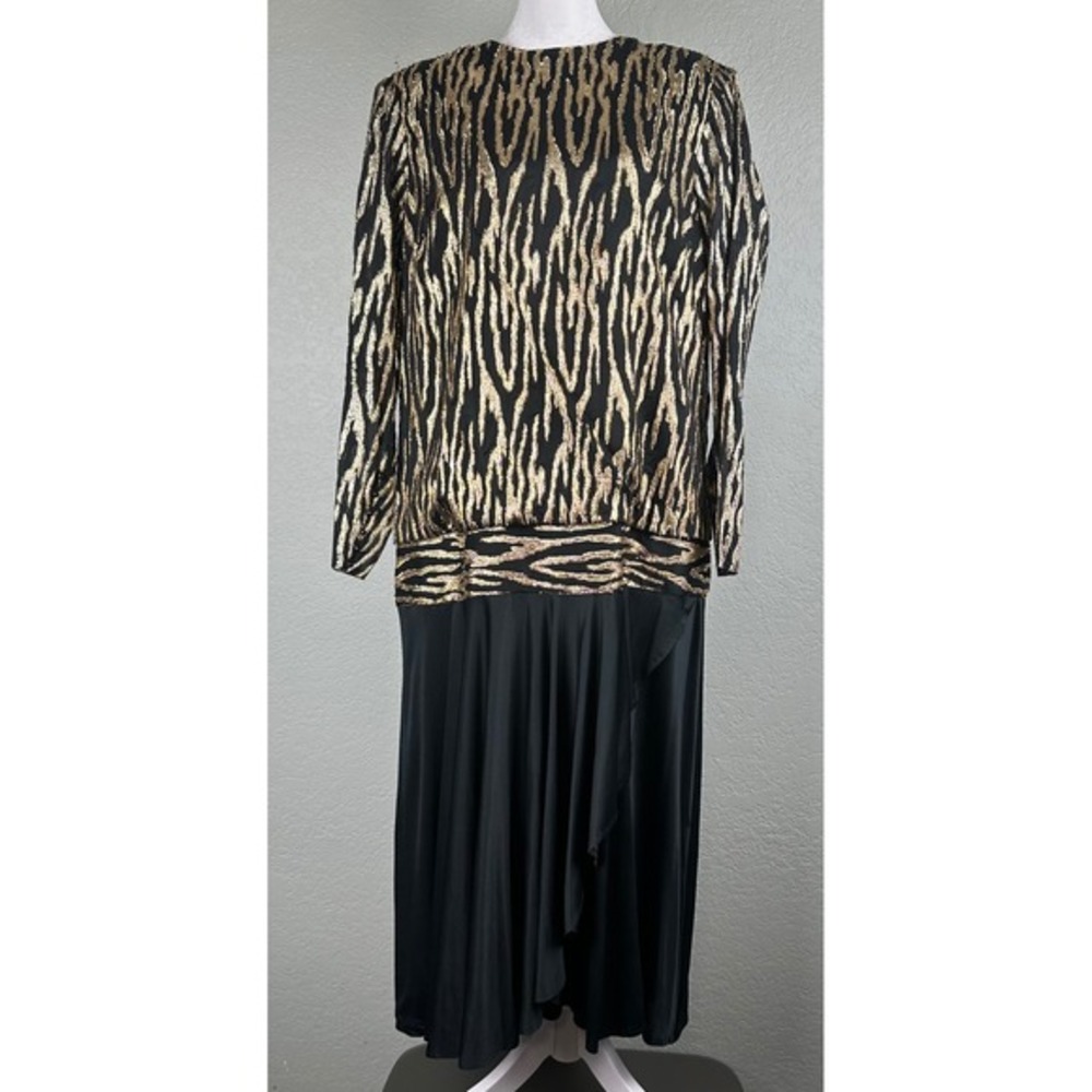 Ursula Switzerland Metallic Dress Sz 18 Black Gold Drop Waist Evening Formal Vtg